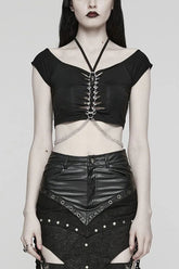 Black Short Sleeves Hollow Metal Chain Womens Steampunk Halterneck T-Shirt